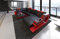 Wohnlandschaft Ravenna Sofa U Form Ledersofa - mit LED Beleuchtung, verstellbare Kopfstützen, Recamiere/Lederfarben wählbar/Ausrichtung wählbar (Ottomane rechts, Schwarz-Rot)
