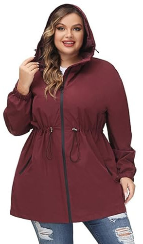 Hanna Nikole Manteau Imperméable Long À Capuche Pour Femme - Coupe-Vent Léger Et Imperméable Avec Fermeture Éclair Veste De Sport Avec Poches Bordeaux 56