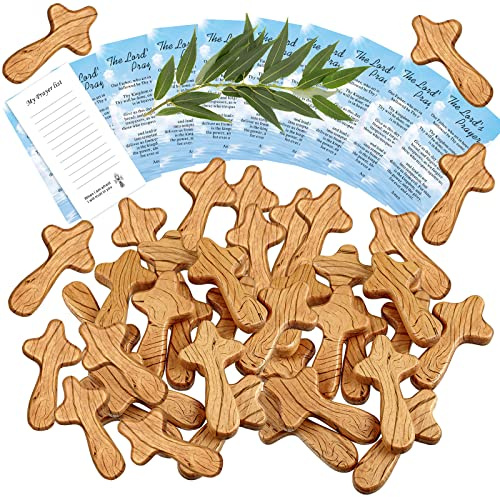 Tatuo 25 Sets Small Wooden Crosses in Bulk Hand Held Wooden Clinging Portable Prayer Cross with Prayer Cards Christian Church Gifts 4.11 Inches Holding Crucifix for Religious Church