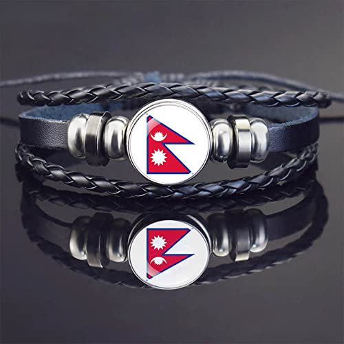LODMLOER Nepal-Flaggen-Charm-Armband – Wappen Aus Glasedelstein Mehrschichtiges Pu-Leder-Armband Nepal-Flagge Glasknopf-Armbänder Schmuck Verstellbares Unisex-Armband Wie Abgebildet Verstellbar