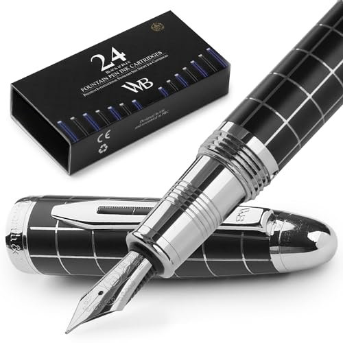 Wordsworth & Black Majesti Füllfederhalter (kariert), Luxus-Etui, verchromt, extra feine Feder – Tintenpatronen, nachfüllbarer Tintenkonverter – Kalligraphie-Stift