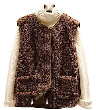 ERFMFKL Damen Weste aus Lammwolle, kurze Freizeitweste, Herbst, Winter, O-Ausschnitt, ärmellos, einfarbig, Dunkelbrauner Reißverschluss, 36