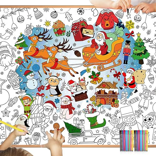 DPKOW Weihnachten Ausmalen Tischdecke für Kinder mit Stiften, 47 x 33 Zoll Riese Papier Weihnachten Bemalbare Tischdecke für Kinder Weihnachten Basteln Geschenk, Groß Weihnachten Ausmalen Poster