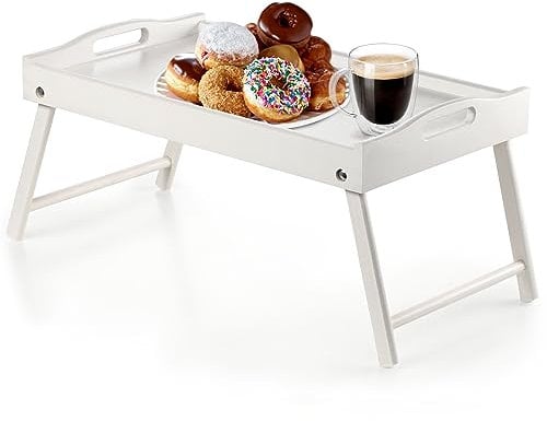 KADAX Mesa de cama, bandeja de desayuno de madera de pino, 19 x 30 x 50 cm, bandeja plegable, bandeja de comida para desayuno en la cama, mesa auxiliar (blanco)