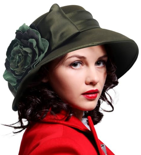 Ruphedy Damenhut aus Wollfilz, breite Krempe, Derby, Kirchenkleid, Hut für Herbst und Winter 1920er Jahre, Z017-grün, Medium