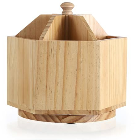 BSTKEY Wood Rotating Kitchen Utensil Holder, Countertop Kitchen Tableware Storage Organizer Cooking Tool Holder with Multiple Compartments and Removable Divider