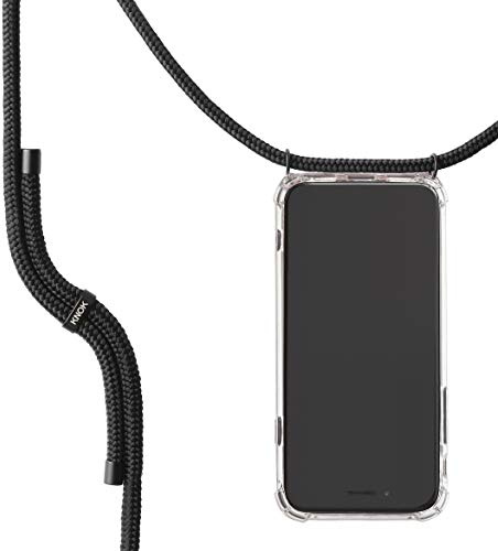 KNOK Premium Handykette für Apple iPhone 15 Pro, All Black, transparent | Silikonhülle mit fest verbundener Kordel zum Umhängen, stoßfest, ideal für Festival, Konzert oder Alltag, robust