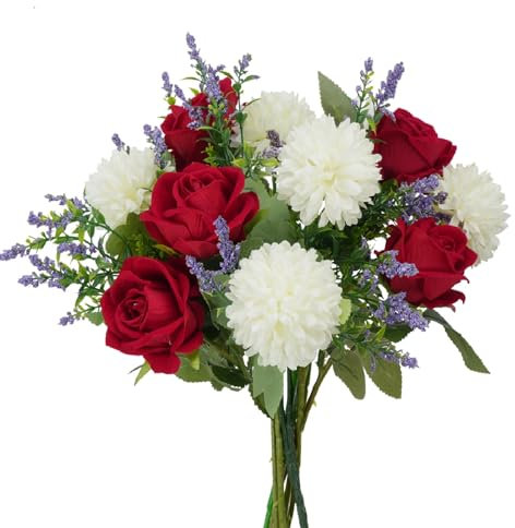 HO2NLE Künstlicher Blumenstrauß mit roten Rosen, Chrysanthemen, Seide, Blumenarrangements für Zuhause, Muttertag, Friedhof, Grabschmuck, Gedenktag, Hochzeitsdekoration, 30,5 cm