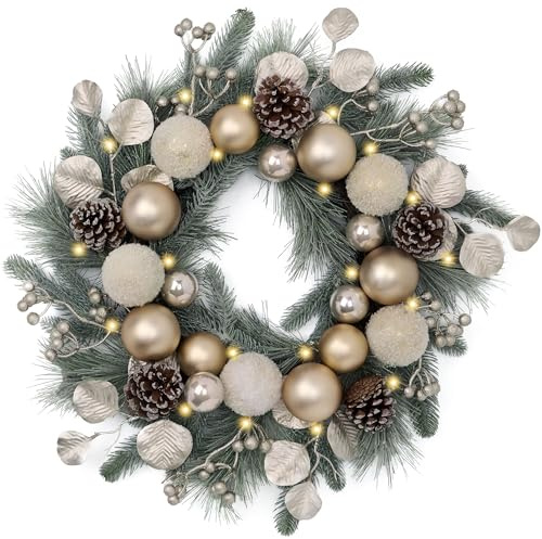 Valery Madelyn Corona de Navidad preiluminada de 20 Pulgadas para Puerta Delantera con Luces, Corona de Navidad Grande iluminada con Bolas de Navidad Doradas champán para Chimenea, Ventana, Centro de
