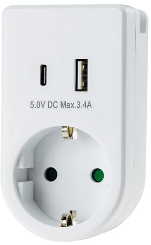 ChiliTec Steckdose Adapter USB-C USB-A Zwischenstecker 230V Schutzkontaktsteckdose mit 5V USB Lade Adapter 3,4A Weiß, 23783