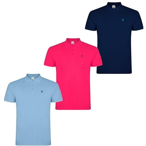 S&C - Polo Hombre Manga Corta Algodón 100%, Color Liso, Estilo Casual, Cuello 3 Botones, Diseñado en España, Tejido Punto Piqué, Corte Regular, Talla Ajustada, 3 Uds Celeste Fucsia Marino, M