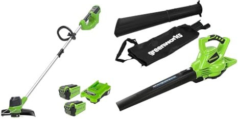 Greenworks 40V Tagliabordi a Batteria per Giardini Medi, Altezza Regolabile & GD40BV Aspiratore Soffiatore a Batteria per Foglie, con Motore Brushless, 280km/h, 9,63m³