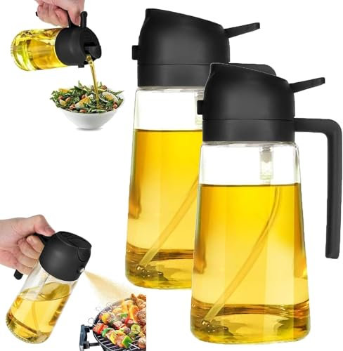 2 Pièces Spray Huile Cuisine 2 en 1 Kit, 470ml Pulverisateur Huile Cuisine en Verre avec Brosse, Vaporisateur Huile, Distributeur Huile d'Olive pour Cuisson Friteuse à Air Barbecue Salades(Noir)
