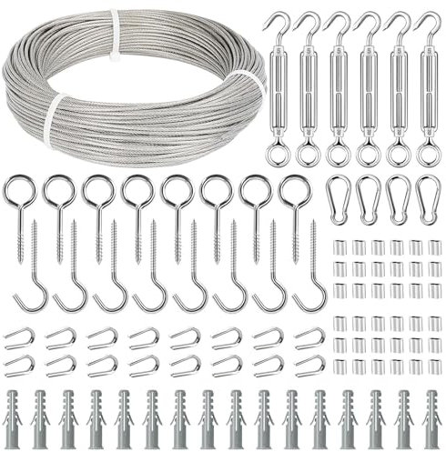 TooTaci Garden Wire for Climbing Plants, 2mm Stainless Steel Wire Rope Kit - with M5 Turnbuckle Cable Tensioner Kit, 50M PVC Coated Steel Cable for Lights Hanging Outdoor, Fence, Curtain
