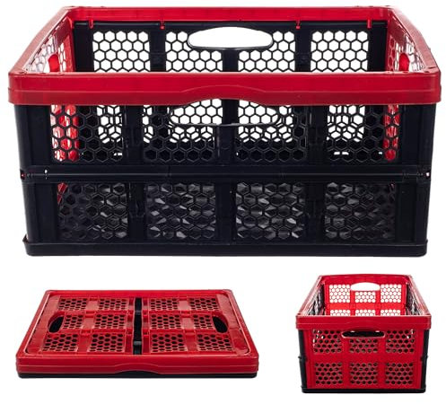 KADAX Caisse pliante en plastique - 47 x 34 x 21,5 cm - Boîte de rangement pliable avec poignées - Panier pliable - Panier de rangement pour bureau (noir/rouge)