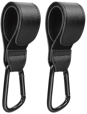 Gancio per passeggino, gancio in pelle per appendere borse per pannolini, confezione da 2 ganci universali per carrozzina, sedia a rotelle, auto, shopping e carrello per animali domestici (nero)
