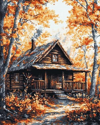 AxiangziK Cross Stitch Embroidery Kit Vorbedruckte Kreuzstich-Sets,11CT,Holzhaus im Wald,Stickerei Kreuzstich-Sets Handstickerei Kunsthandwerk,40x50cm