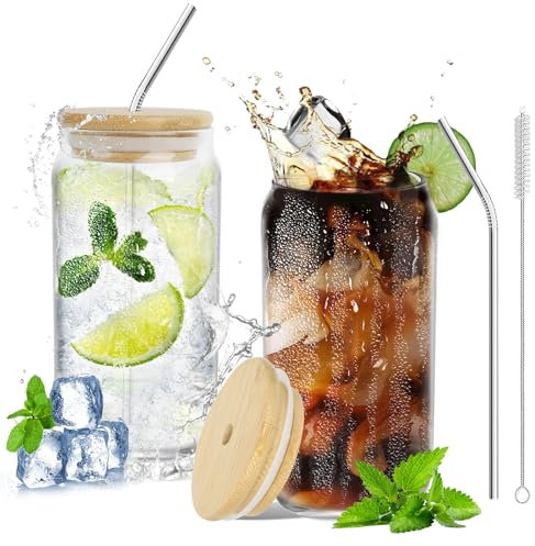 Cocktailgläser mit Deckel und Strohhalm, 500ml Trinkgläser Eiskaffee Gläser Dosenform Becher für Iced Coffee Bier Smoothie Cocktails Bubble Tea für Party Bar Geschenke für Frauen Weihnachten(2pcs)