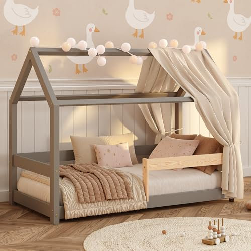 smartwood Hausbett 90x200 cm aus Massivholz - Kinderbett in Grau mit Rausfallschutz & Lattenrost bis 230 kg - Skandinavisches Design - für Jungen & Mädchen - Einfache Montage