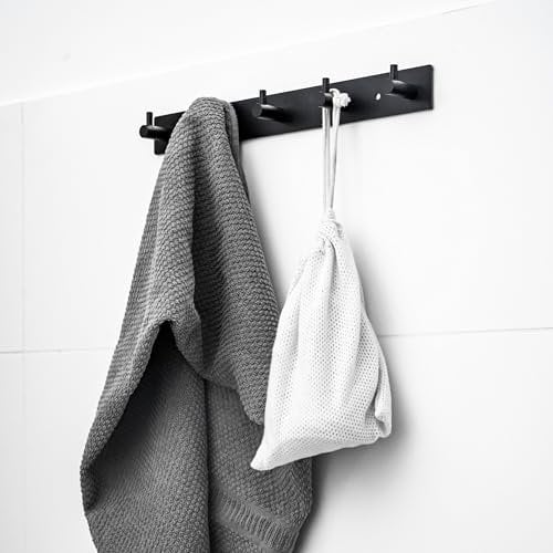 ELMOWO - Edelstahl Hakenleiste mit 5 Haken ohne Bohren selbstklebend inkl. Spezialkleber (extrem sicherer Halt) Für alle glatten Oberflächen im Bad, Küche, Flur, Garderobe oder Schlafzimmer (schwarz)
