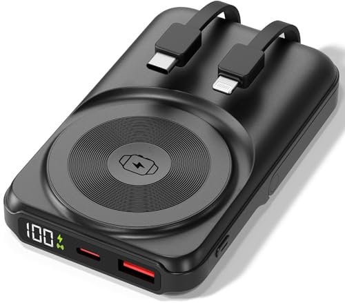Power Bank USB-C [10.000mAh] - Magnetic Induction Power Bank with Cable - 20W Wireless Charger, 2.5W Watch Charger, 22.5W QC & 20W PD Fast Charging, Integrated Type-C Input, Aluminum Phone Stand