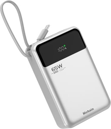 Hichain Power Bank 65W Carga rápida 20000mAh Cargador portátil Pantalla LED Cables Integrados USB C in&out Compatible con iPhone Serie 16/15/14/13, Vision Pro, Samsung, MacBook, iPad, AirPods,