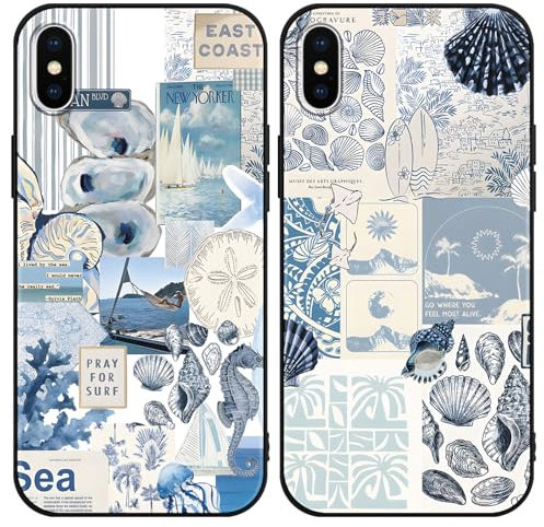 Phoona 2 Pack Cute Case for iPhone X/XS 5.8, European Collage Preppy Summer Girly Design Pattern for Girls Women, Slim Soft Silicone Shockproof Bumper Protector Cover, Blue 04