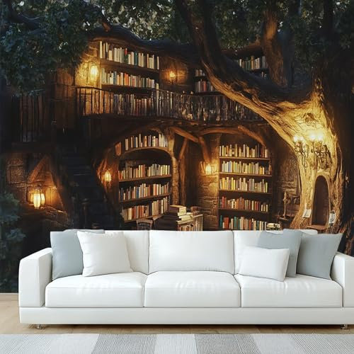 NOGAWA Papier Peint Bibliothèque, Papier Peint Motif Fantastique, Panoramique Décoration Murale Pour Salon, Chambre, Tapisserie Murales Intissé, Wallpaper Mural 250x175cm