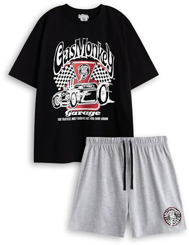 Gas Monkey Garage Mens Black Short Sleeve Pyjama Set | Grey Shorts with Elastic Waistband | Classic Loungewear Featuring Gas Monkey Logo | Car & Checkered Flag Design - Medium