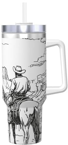 ZSUUGJ Westcow - Vaso aislado de 40 onzas con asa y tapa con pajilla, taza de viaje, taza de café, botella de agua reutilizable, ideal para coche, trabajo, regalo