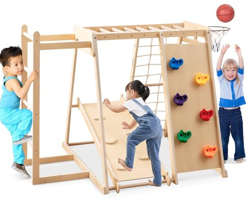 GOPLUS 8 en 1 Escalade Enfants Montessori, Structure Escalade avec Toboggan, Balançoire, Barres à Singe, Panier Basket, Mur, Filet, Échelle, Jouet Montessori pour Enfants 1 an + (Naturel,Panier)