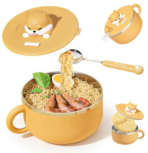 DASIAUTOEM Ramen Schüssel mit Deckel,1200ml Instant-Nudeln Schüssel Edelstahl, Ramen Schüssels Suppenschüssel mit deckel und Gabel Ramens Bowl Wärmeisolierung Siegel fur Suppe Nudeln Knödel Salate