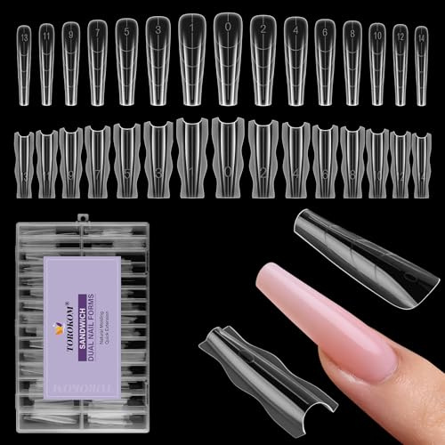 TOROKOM 240 Stück 14 Größen Trapezoidal Sandwich Dual Nail Forms | Dual Tips Nägel, Schnelle Nagelverlängerung, Ohne Papierformen, Wiederverwendbare Kunststoffformen für Builder Gel & Polygel