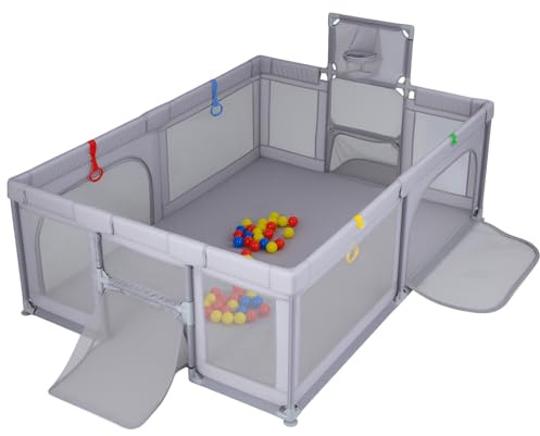 DREAMADE Laufstall baby, Laufgitter mit Matratze & Basketballkorb & Zugring, Schutzgitter mit Rutschfester Basis, Krabbelgitter für Kinder (Hellgrau,207 x 145cm, ohne Matratze)