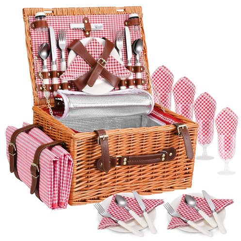 Couleeur Juego de Cestas de Picnic de Mimbre para 4 Personas, con Compartimento Refrigerante, Manta Impermeable, Platos, Vasos, Cubiertos, para Acampada, Excursiones (Rojo, Hebillas de Cuero)