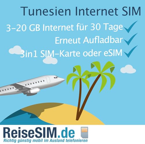 ReiseSIM Tunesien Internet SIM-Karte, 3-20 GB Datenvolumen, 30 Tage Gültigkeit, Ooredoo und Tunisie Telecom 4G/5G Netz, Nano-SIM oder eSIM (5 GB / 30 Tage, eSIM (QR-Code))