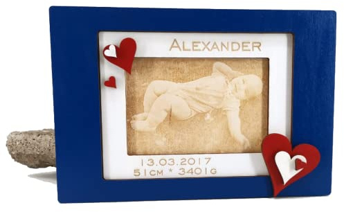 Bilderrahmen Baby blau mit Foto auf Holz und Gravuren - Geburtsgeschenk, Geburtstagsgeschenk, Weihnachtsgeschenk