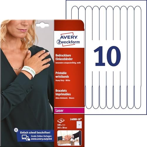 AVERY Zweckform L4000-10 Einlassbänder 100 Stück (265x18mm, individuell bedruckbare Eintrittsbänder, wasser- und reißfest, sicherer Klebeverschluss, Event Armbänder, Securebänder) 10 Blatt, weiß