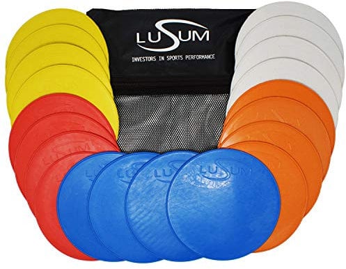 Lusum Set of 20 Full-Sized Pro Non Slip Flat Rubber Round Sports Marker Discs - Pack of 20 Flat Football Discs with Travel Bag - Flat Cones for Football Training