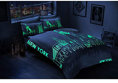 TAC Bettwäsche-Set aus 100 % Baumwollsatin, für Doppelbett, Queen-Size-Bett, New York City, mit Leucht-Effekt, 1 x Bettbezug + 1 x Bett-Laken + 4 x Kissenbezüge