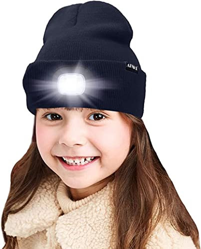 ATNKE Kids LED beleuchtete Mütze mit Licht, USB Wiederaufladbare 4 LED Scheinwerfer wasserdichte Winterwärmer Strick Nachthüte mit leichten Jungen Mädchen/Navy