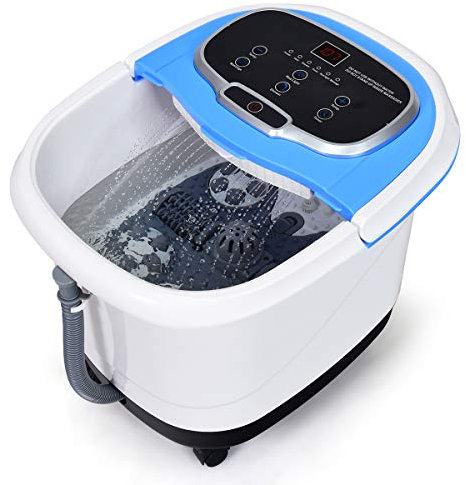 GOPLUS Bain de Pieds avec Lumière Rouge et Fonction de Douche, Chauffant et Vibrant avec Bulles, Masseur de Bain de Pieds avec Température et Temps Ajustable, 6 Rouleaux Électriques (Bleu)