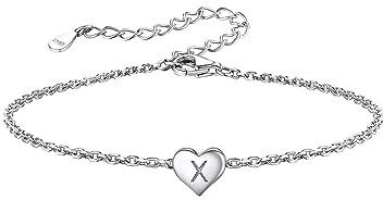 Silvora Buchstaben Armbänd S925 Silber Damen Armkettchen mit Buchstabe X Mini Kleine Initial Herz Anhänger 16cm+5cm Zierlich Damen Fußkettchen