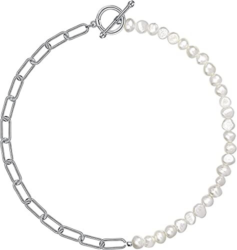 HMOOY 18K vergoldet Halbperle Halbkette Perlenkette und Goldkette Büroklammer Halskette Cuban Gliederkette mit Perle Trendiger Schmuck für Damen Herren (Silber 1)