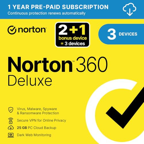 Norton 360 Deluxe 2025, Antivirus Software for 2 + 1 Devices and 1-Year Subscription with Automatic ‎Renewal, Includes Secure VPN and Password Manager, PC/Mac/iOS/Android, Activation Code by email