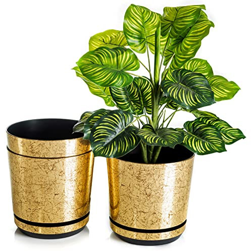 KORAD Ensemble de 3 Pots avec Soucoupe d'un diamètre de 26 cm, Motif 012 - Vieil Or ; Glamour ; Moderne, Haute Brillance, Style Classique, Rustique, loft, pour Plantes, Herbes.