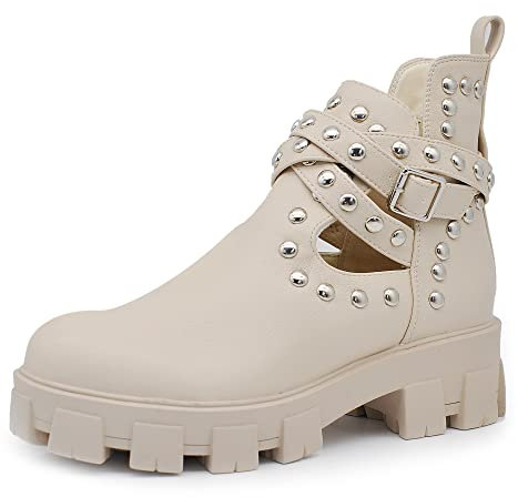 IF Fashion Scarpe da Donna Stivali Stivaletti Biker Fibbie Borchie Primaverili Traforati GR-6608 beige N.41