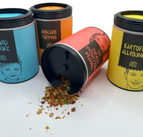Passend für Just Spices Gewürz/Gewürzmischung zum einfachen Dosieren, Verschiedene Lochgrößen, 4-Fach verstellbar, Streuaufsatz, 2er-Set, Schwarz