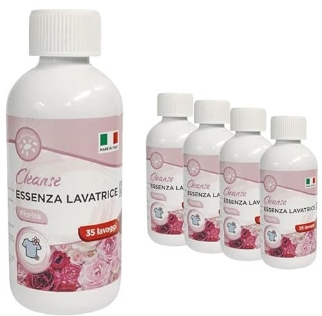 Profumatore Bucato Lavatrice, Essenza per Bucato, Profuma Biancheria, 250 ml, Set da 5, Delicato sui Tessuti, Concentrato, Made in Italy, Neutralizza gli Odori, Non Lascia Residui, Profumo di Fiorito