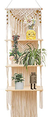 Tiamu Makramee Wandregal, 3 Tier Schweberegal Bücherregal, Hängeregal Wandbehang Regal Wanddeko, Holzregal Lagerregal, Bad Aufbewahrungsregal, Schwimmende Regal für CD DVD